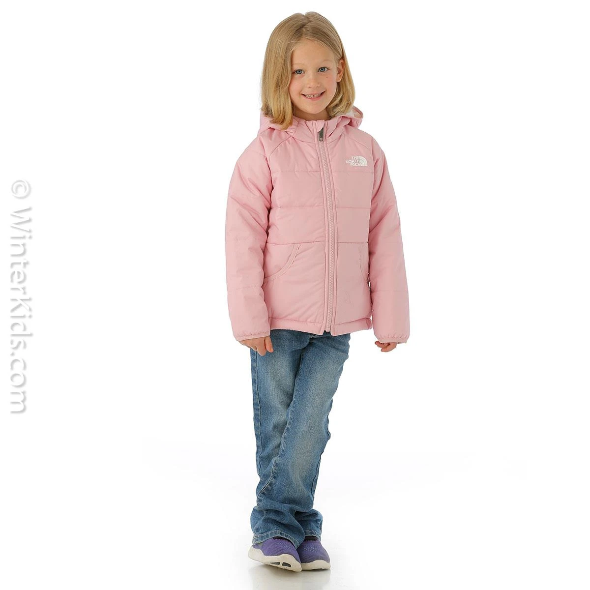 Youth Reversible Perrito Hooded Jacket The North Face Youth Reversible Perrito Hooded Jacket -Winter Kids Clothing Store fw23 tnf kidsreversibleperritohoodedjacket cameopink model2
