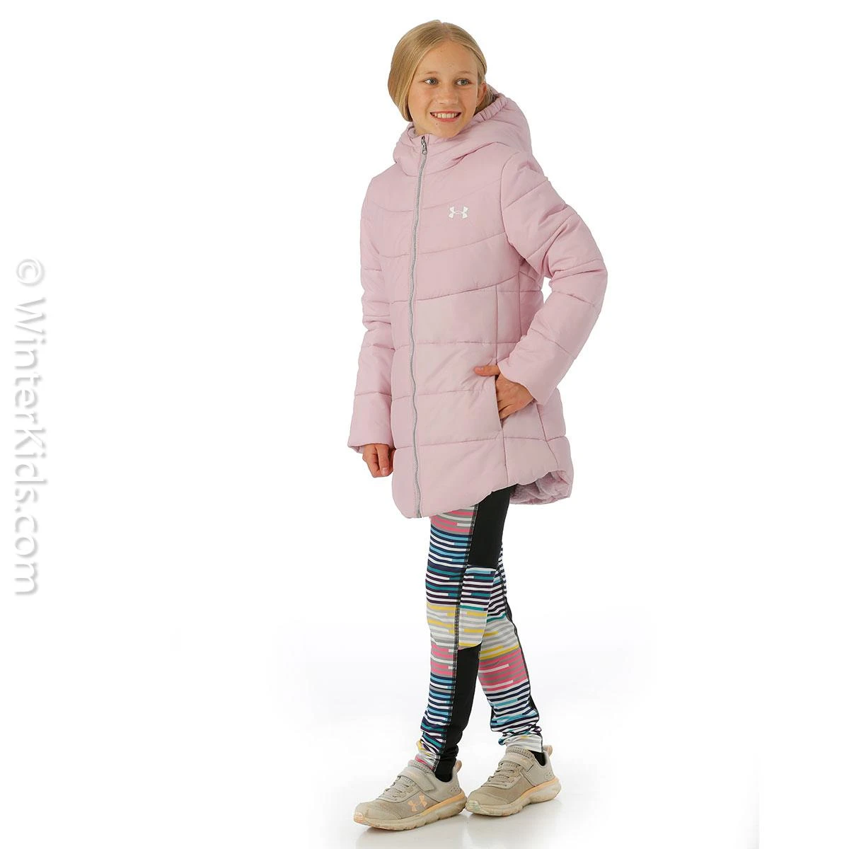 Girls Cori Puffer Jacket Under Armour Girls Cori Puffer Jacket -Winter Kids Clothing Store fw23 underarmour girlscoripufferjacket pinkfog model2